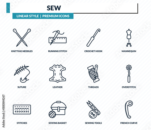 sew icons set - knitting neddles, running stitch, crochet hook, overstitch, french curve outline vector collection.