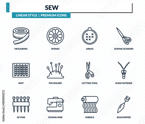 sew icons set - measuring, spokes, arras, slide fastener, seam ripper outline vector collection.