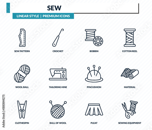 sew icons set - sew pattern, crochet, bobbin, material, sewing equipment outline vector collection.