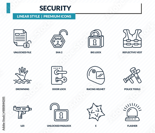 security icons set - unlocked file, sha 2, big lock, police tools, flasher outline vector collection.