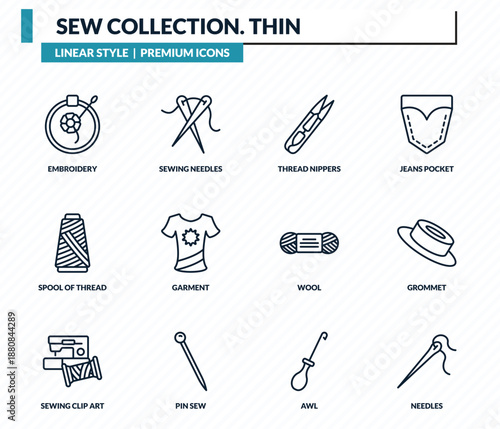 sew collection. thin icons set - embroidery, sewing needles, thread nippers, grommet, needles outline vector collection.