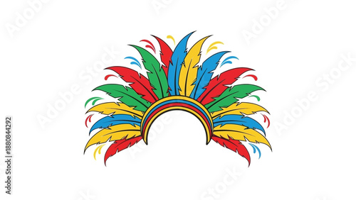 Vibrant feathered headdress with colorful feathers in red, blue, green, and yellow hues against a plain white background.