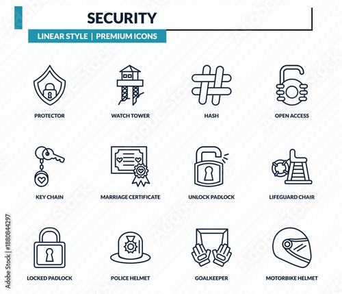 security icons set - protector, watch tower, hash, lifeguard chair, motorbike helmet outline vector collection.