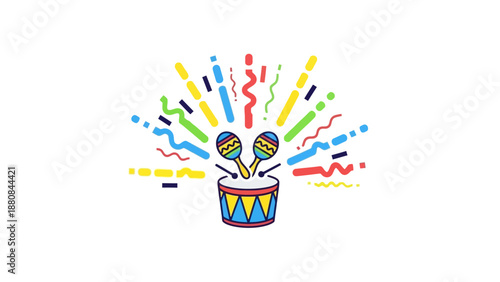 Colorful illustration of a party drum with vibrant lines and shapes radiating from it on a white background.
