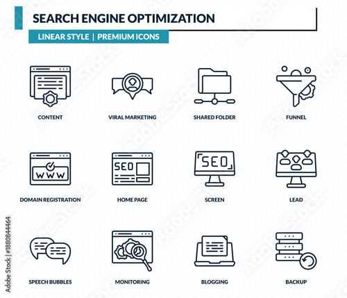 search engine optimization icons set - content, viral marketing, shared folder, lead, backup outline vector collection.