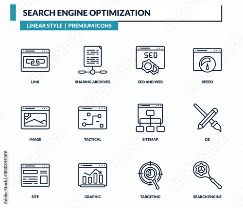 search engine optimization icons set - link, sharing archives, seo and web, de, search engine outline vector collection.