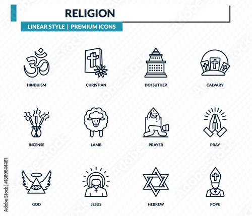 religion icons set - hinduism, christian, doi suthep, pray, pope outline vector collection.