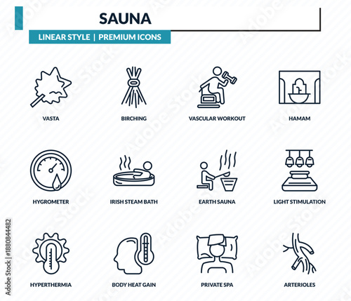 sauna icons set - vasta, birching, vascular workout, light stimulation, arterioles outline vector collection.