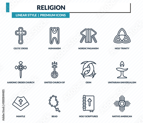 religion icons set - celtic cross, humanism, nordic paganism, unitarian universalism, native american sun outline vector collection.