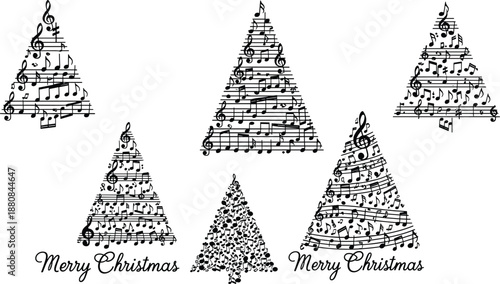 Musical Christmas tree silhouette illustration set, festive holiday trees formed with music notes and staff lines, elegant black and white Christmas vector design