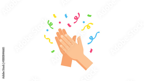 A pair of hands clapping with colorful confetti surrounding them on a white background, conveying a celebratory mood.