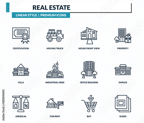 real estate icons set - certification, moving truck, house front view, duplex, slides outline vector collection.