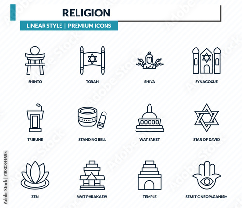 religion icons set - shinto, torah, shiva, star of david, semitic neopaganism outline vector collection.