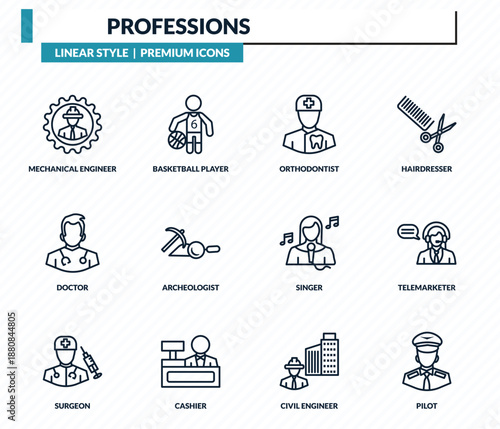 professions icons set - mechanical engineer, basketball player, orthodontist, telemarketer, pilot outline vector collection.
