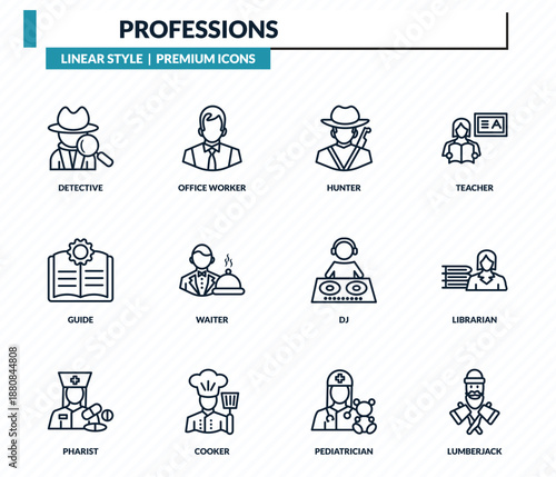 professions icons set - detective, office worker, hunter, librarian, lumberjack outline vector collection.