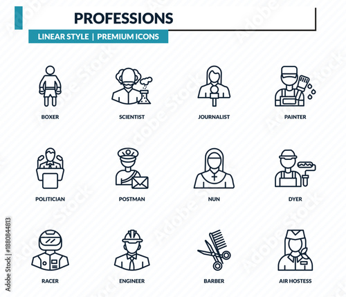 professions icons set - boxer, scientist, journalist, dyer, air hostess outline vector collection.