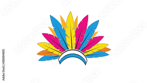 Colorful feathered headdress logo with pink, blue, yellow, and orange feathers on a white background.
