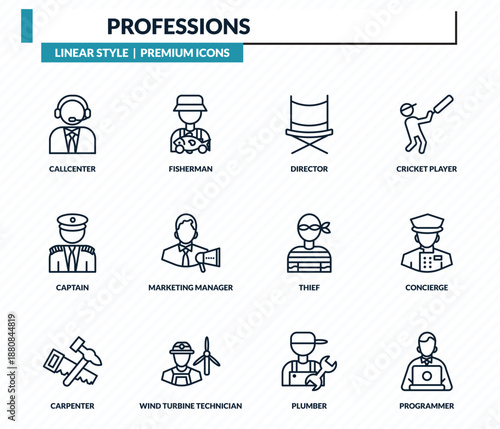 professions icons set - callcenter, fisherman, director, concierge, programmer outline vector collection.