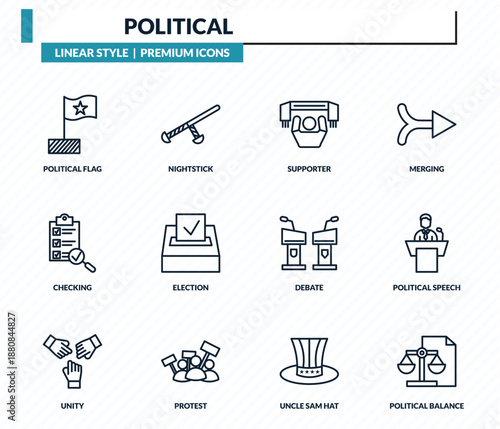 political icons set - political flag, nightstick, supporter, political speech, balance outline vector collection.
