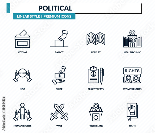 political icons set - voting, ballot, leaflet, women rights, oath outline vector collection.