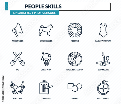 people skills icons set - announcer, dog breeder, rescuer, sommelier, big compass outline vector collection.