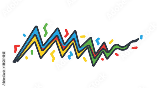 A colorful, hand-drawn graphic of a multicolored waveform with scattered confetti-like shapes on a white background, created with bold lines and vibrant hues.