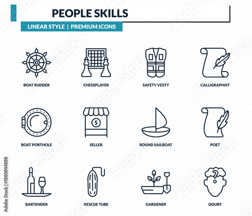 people skills icons set - boat rudder, chessplayer, safety vesty, poet, doubt outline vector collection.
