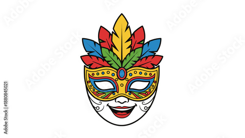 Colorful Mardi Gras mask with feathers and decorative paint on a white background.
