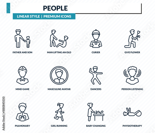 people icons set - father and son, man lifting an old man, curier, person listening, physiotherapy outline vector collection.