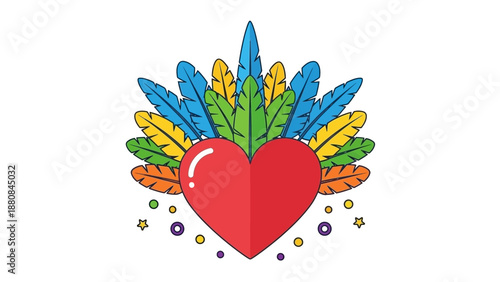 Colorful illustration of a heart surrounded by feathers and stars on a white background with vibrant, playful design elements.