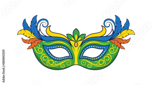 Vibrant colorful Mardi Gras mask with feathers and swirls on a white background, showcasing a festive design with blue, green, yellow, and orange hues.