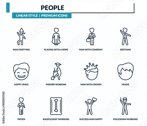 people icons set - man partying, playing with a rope, man with company, heads, policeman working outline vector collection.