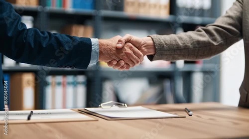 Close-up of Two Business Professionals Shaking Hands in Modern Office Environment