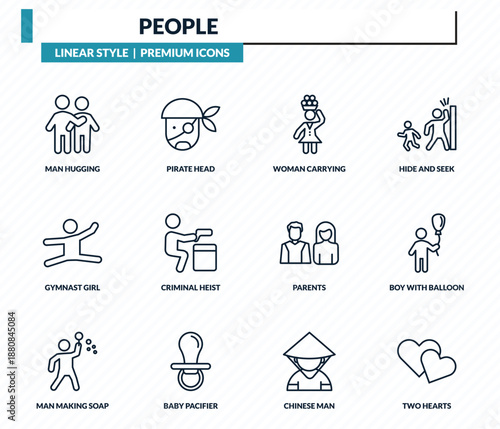 people icons set - man hugging, pirate head, woman carrying, boy with balloon, two hearts outline vector collection.