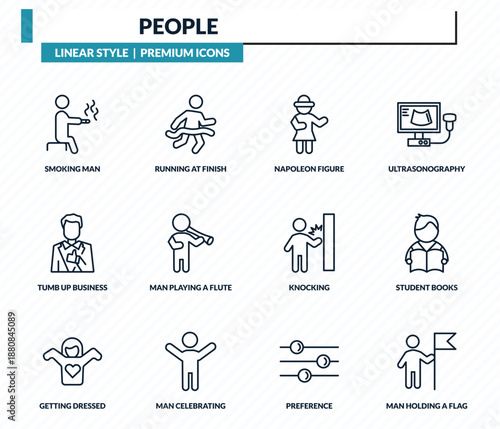 people icons set - smoking man, running at finish line, napoleon figure, student books, man holding a flag outline vector collection.