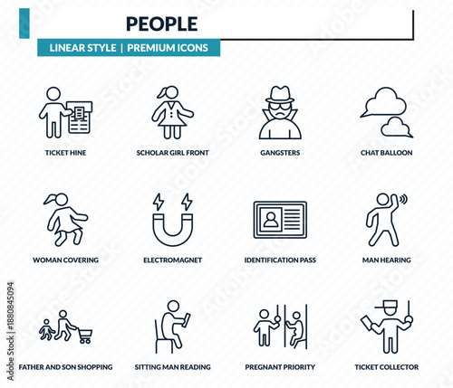 people icons set - ticket hine, scholar girl front, gangsters, man hearing, ticket collector outline vector collection.
