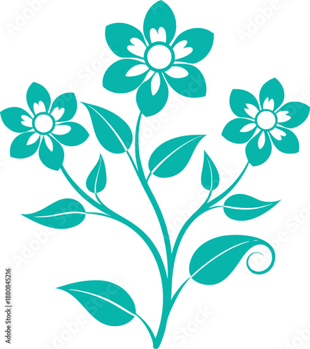 Elegant teal flower and leaf design with a simple stylized botanical illustration