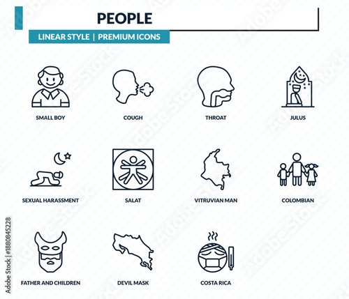 people icons set - small boy, cough, throat, colombian, sickness outline vector collection.
