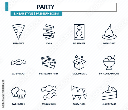 party icons set - pizza slice, jenga, big speaker, big ice cream bowl, slice of cake outline vector collection.