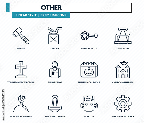 other icons set - mallet, oil can, baby's rattle, church with bats, mechanical gears outline vector collection.