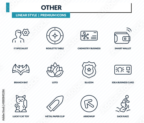 other icons set - it specialist, roulette table, chemistry business card, idea business card, sack race outline vector collection.