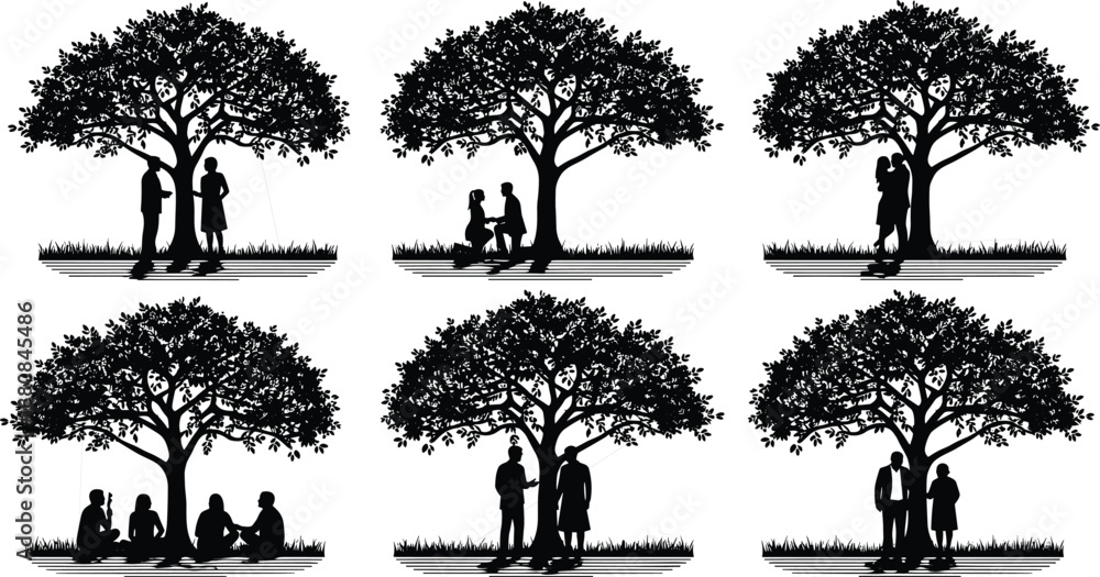 © Ideasy Mind - People silhouettes under tree illustration set, family couple and friends scenes in nature park, black vector artwork for lifestyle concepts, relationships and outdoor storytelling