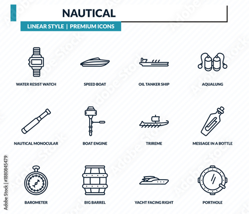 nautical icons set - water resist watch, speed boat, oil tanker ship, message in a bottle, porthole outline vector collection.
