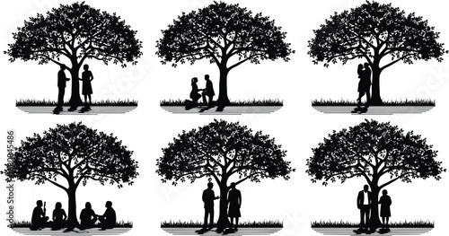 People silhouettes under tree illustration set, family couple and friends scenes in nature park, black vector artwork for lifestyle concepts, relationships and outdoor storytelling