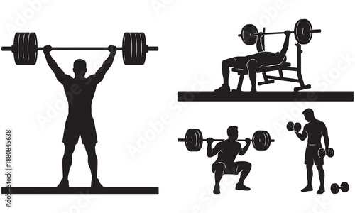 Gym workout silhouette set of man lifting barbell and dumbbell – squat, bench press, overhead press