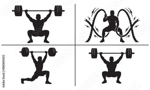 Gym workout silhouette set with barbell squats, lunges and battle rope training