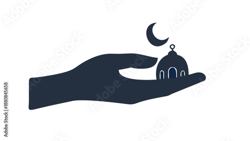 A silhouette of a human hand gently cupping a tiny, detailed mosque with a crescent on top.