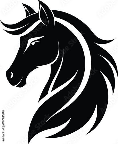 Elegant black horse head logo illustration with flowing mane in a dynamic profile view