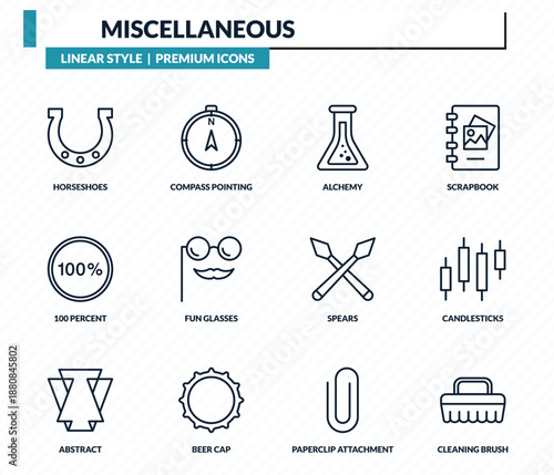 miscellaneous icons set - horseshoes, compass pointing north, alchemy, candlesticks, cleaning brush outline vector collection.