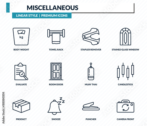 miscellaneous icons set - body weight, towel rack, stapler remover, candlestick, camera front outline vector collection.